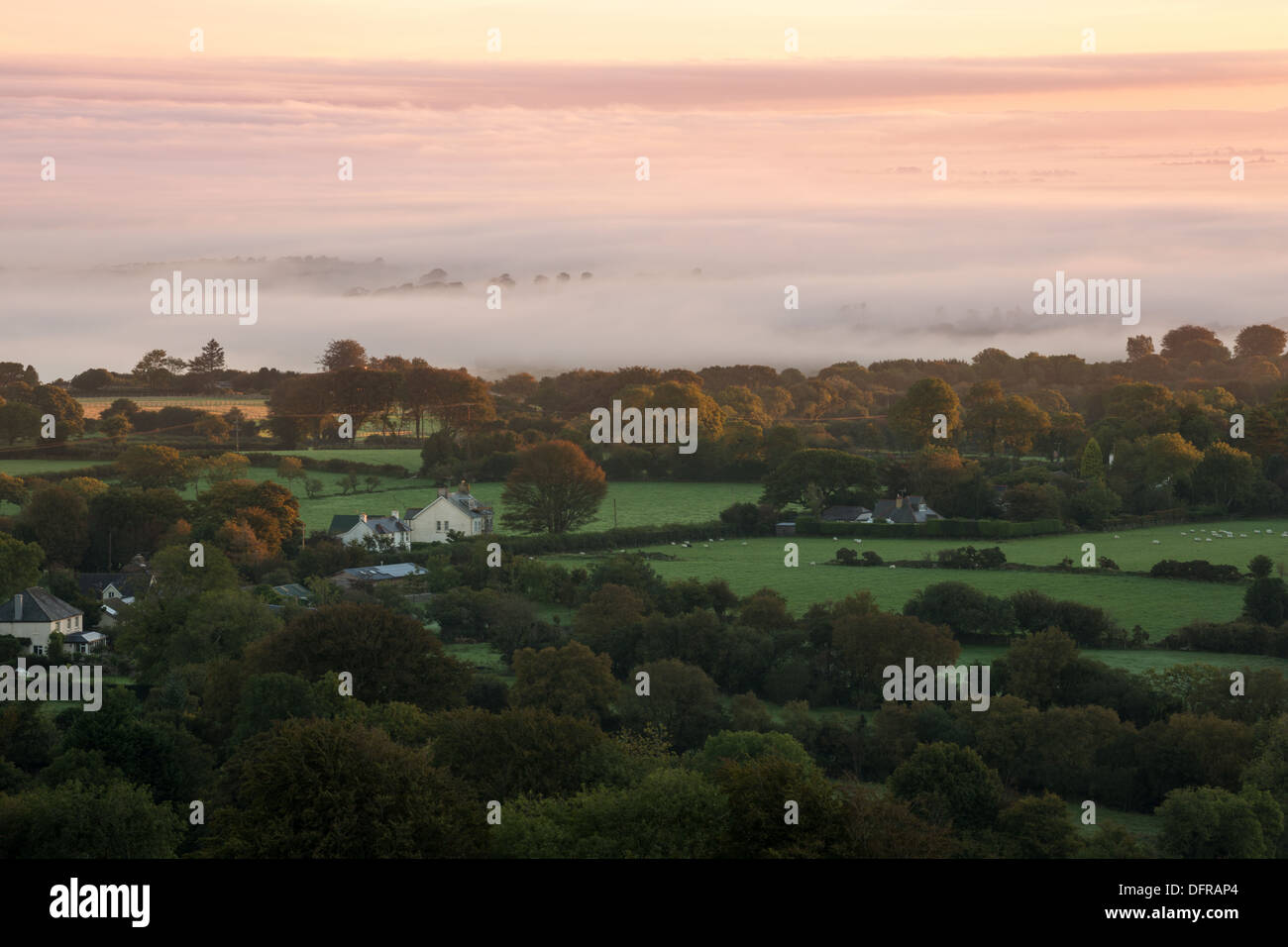 Misty autumn sunrise over the countryside surrounding Belstone village, Dartmoor national park Devon Uk Stock Photo