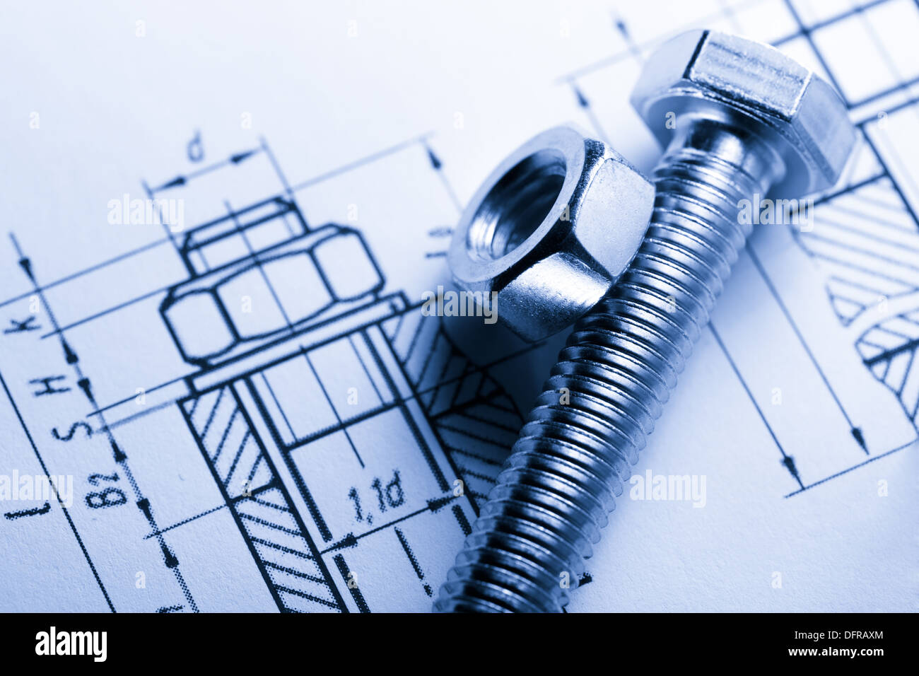 Drafting and screw bolt with nut Stock Photo