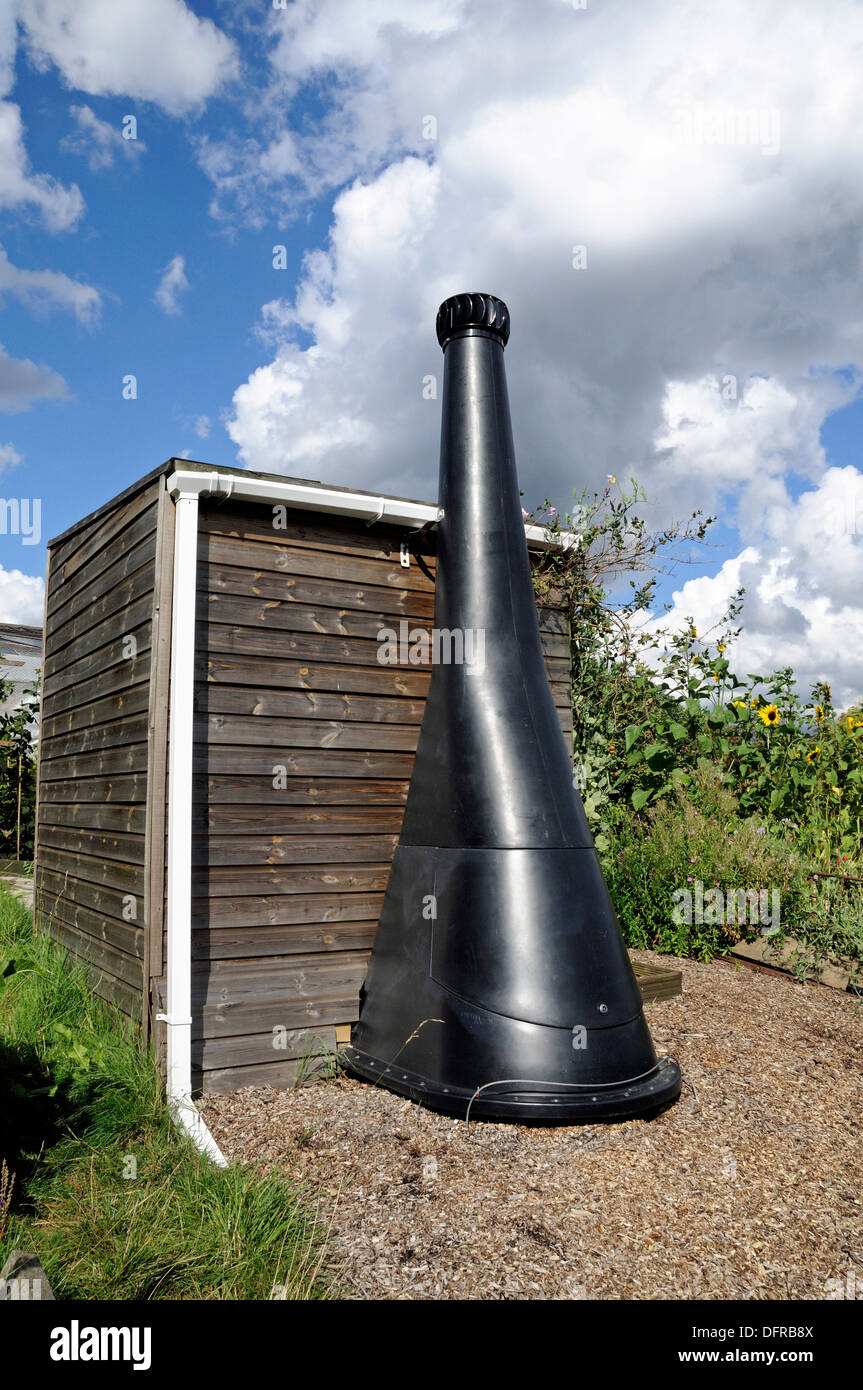 Ventilation pipe at the back of a compost toilet or lavatory, Alexandra Palace Allotments, London Borough of Haringey, UK Stock Photo