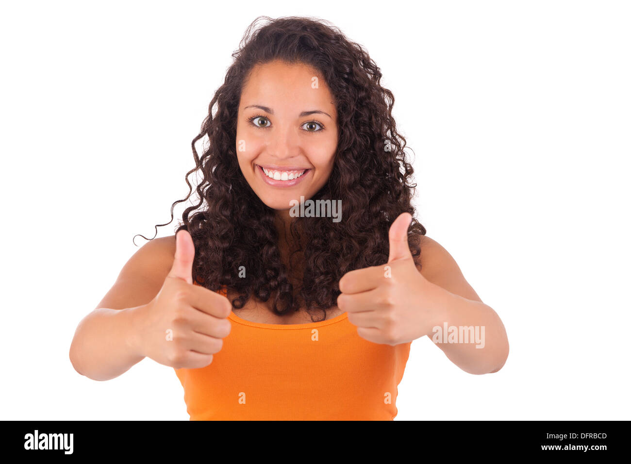 Portrait Of Young Woman Showing Thumb up sign isolated Stock Photo - Alamy