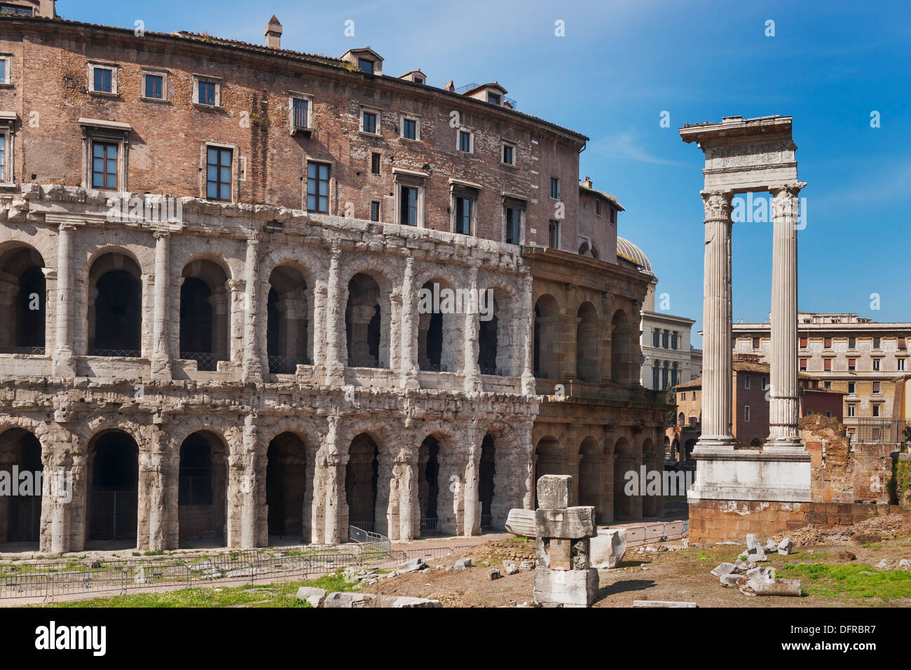 Theater of Marcellus, Teatro di Marcello and the ruins of the Temple of Apollo of Sosianus, Rome, Lazio, Italy, Europe Stock Photo