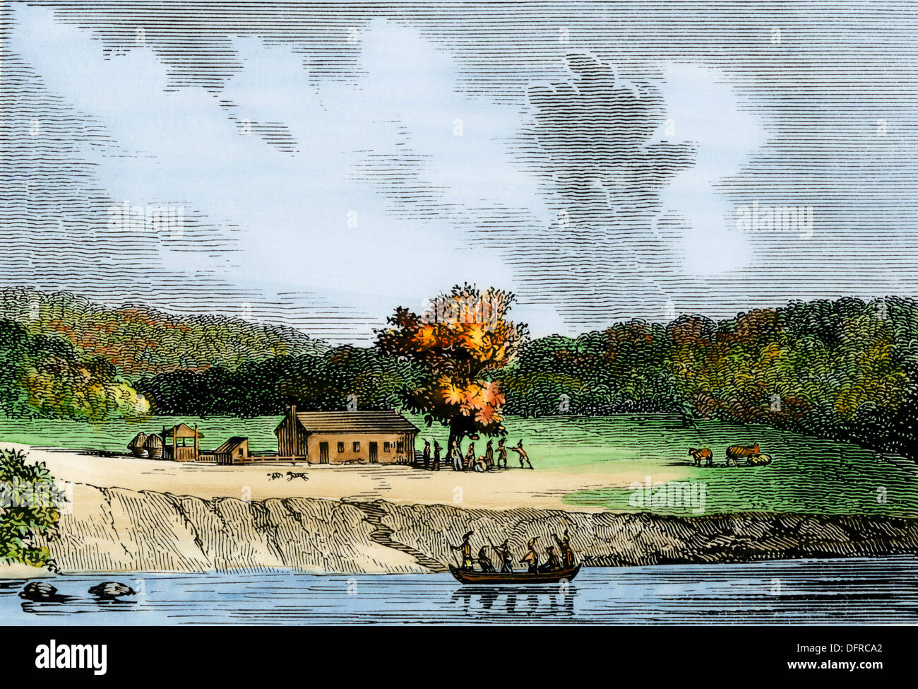 Harris's frontier house on the Susquehanna, Harrisburg, Pennsylvania, 1700s. Hand-colored woodcut Stock Photo