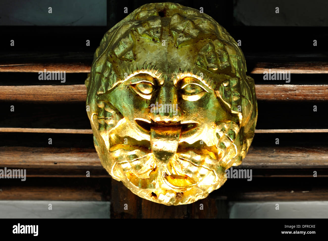 A Medieval wooden boss in the Chancel roof of St Michael and All Angels Church, Linton-in-Craven, Wharfedale, Yorkshire, England Stock Photo