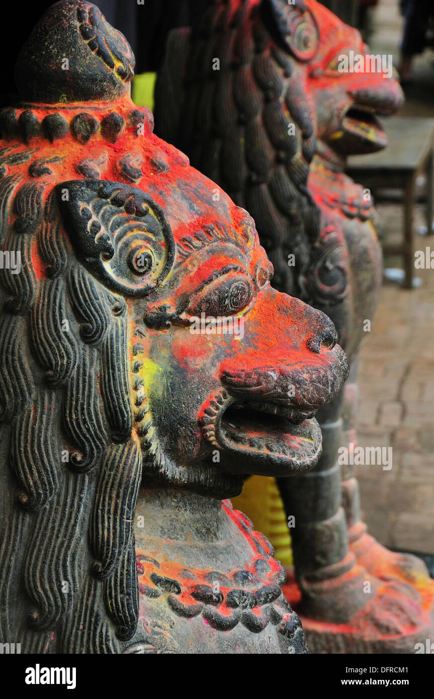 Lion stone statue at the entrance of the Bhimsen Temple Stock Photo