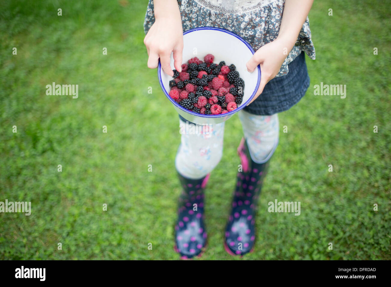 Girl Holding Bowl Filled With Raspberries And Blackberries Stock Photo