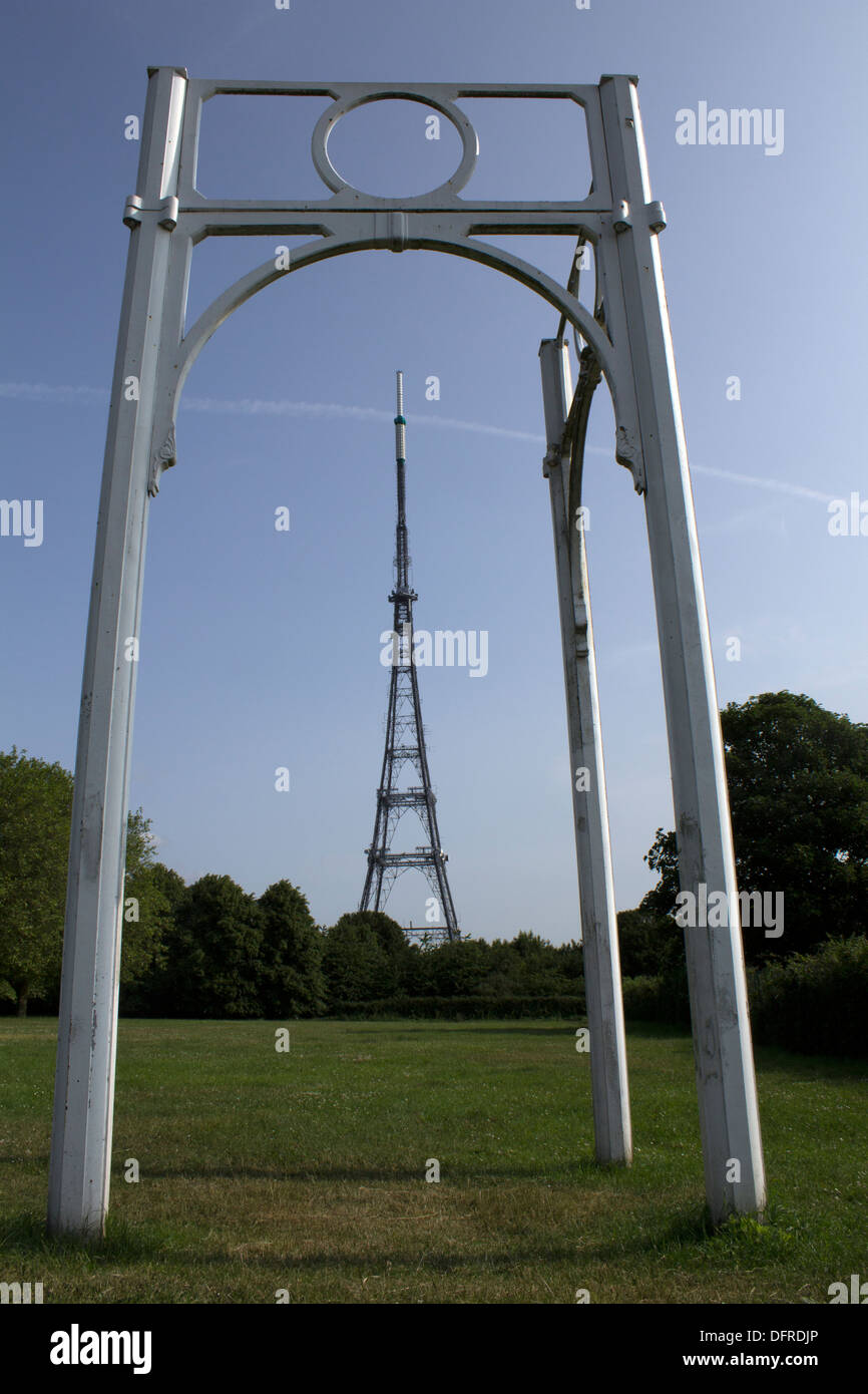 Corner replica cast iron piece of the Crystal Palace with antenna mast in Crystal Palace Park Stock Photo