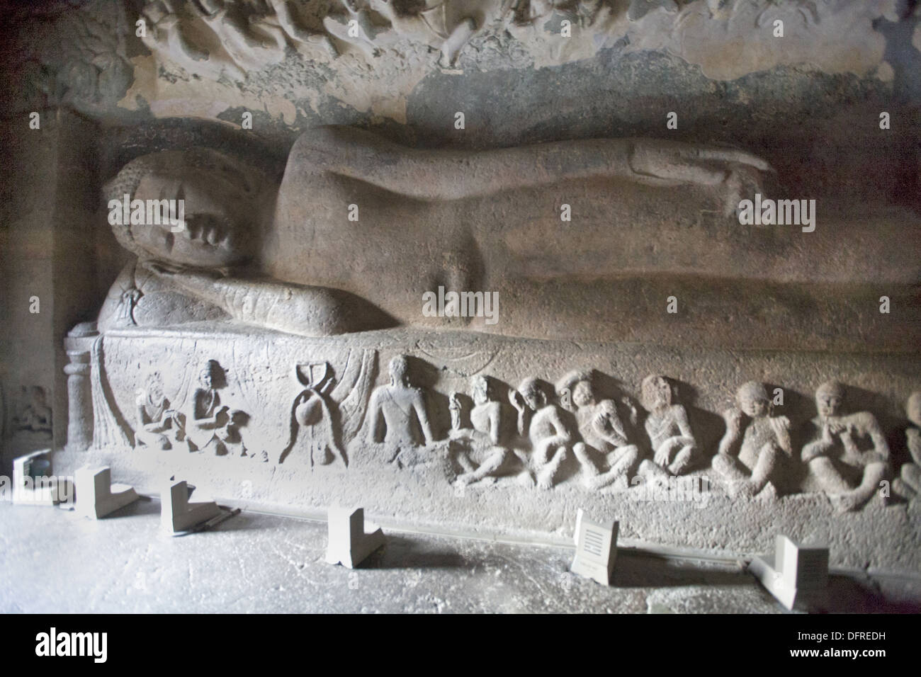 Sleeping Buddha statue. Cave 26 A colossal reclining Buddha. Ajanta