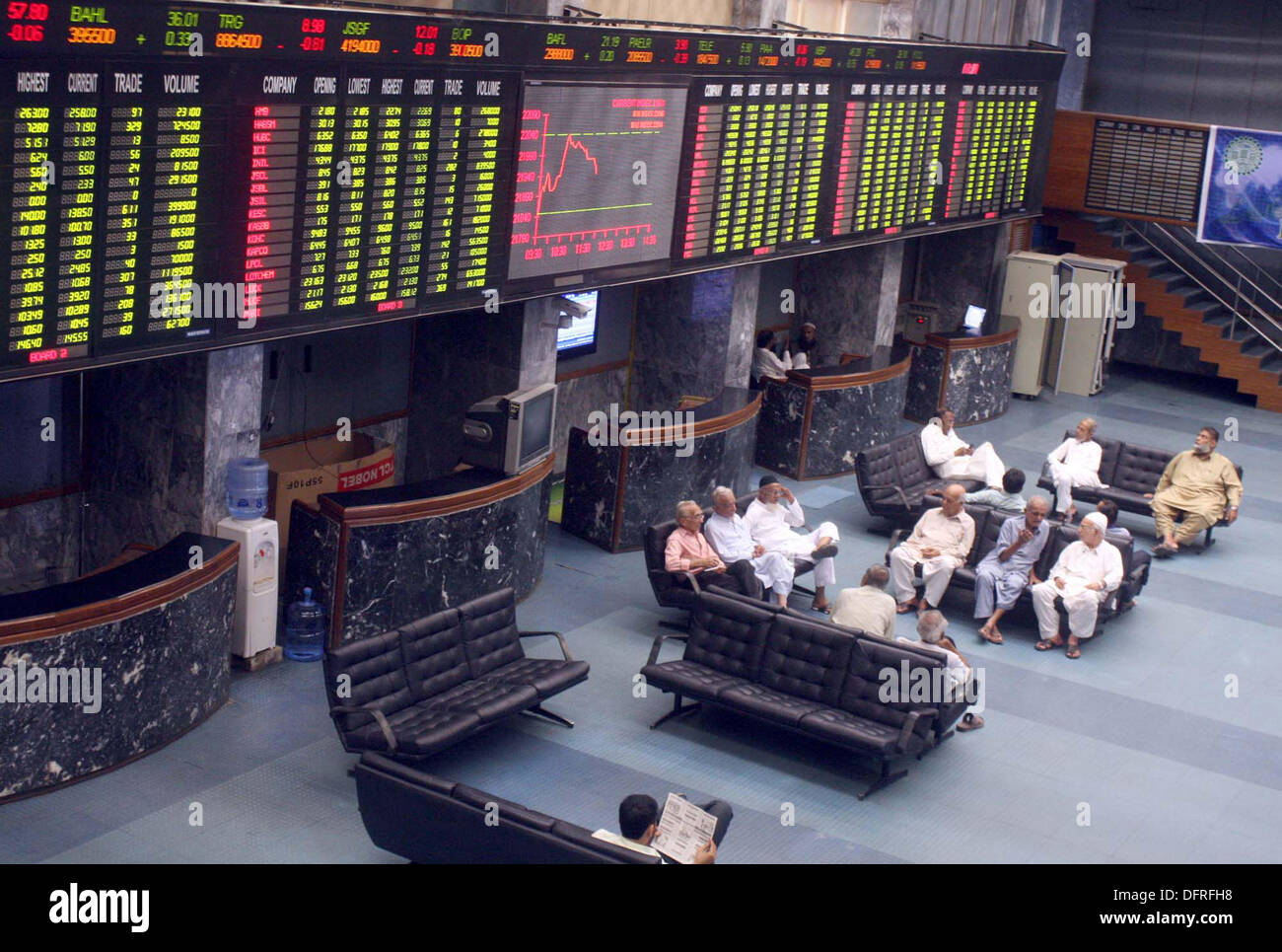 Pakistani traders sit beneath an electronic display board showing the