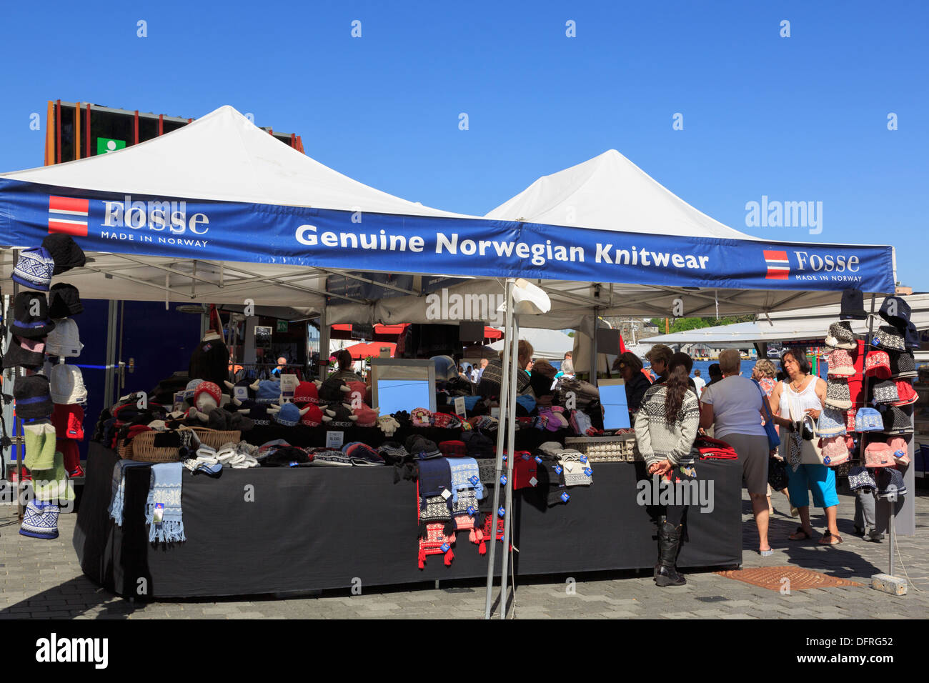 Market stall selling genuine Norwegian knitwear on Torget, Bergen, Hordaland, Norway, Scandinavia Stock Photo