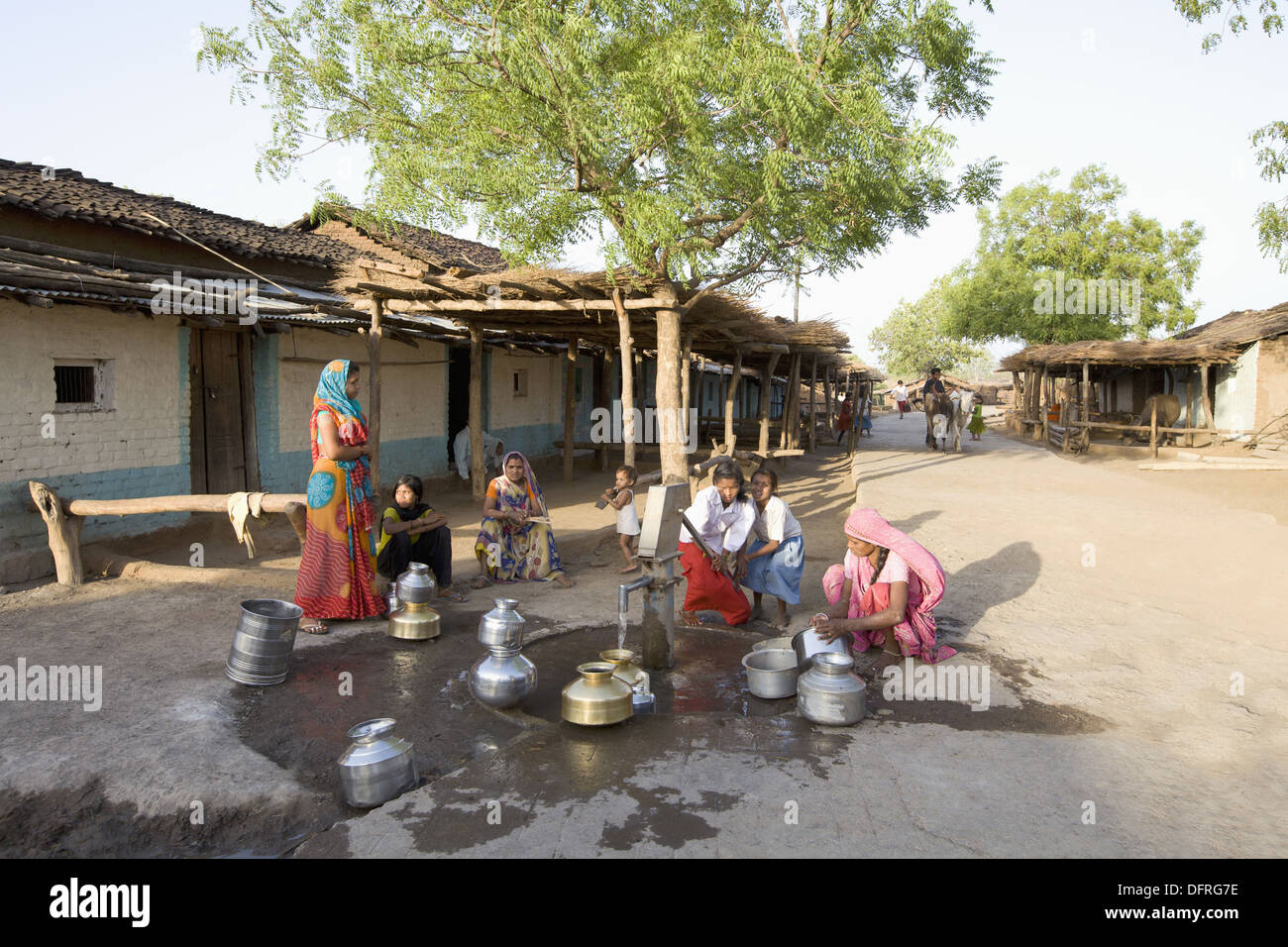 Hand pumps to fill water in tribal village, Korku Tribe, Khalwa, Jharikheda village, Madhya Pradesh, India. Stock Photo