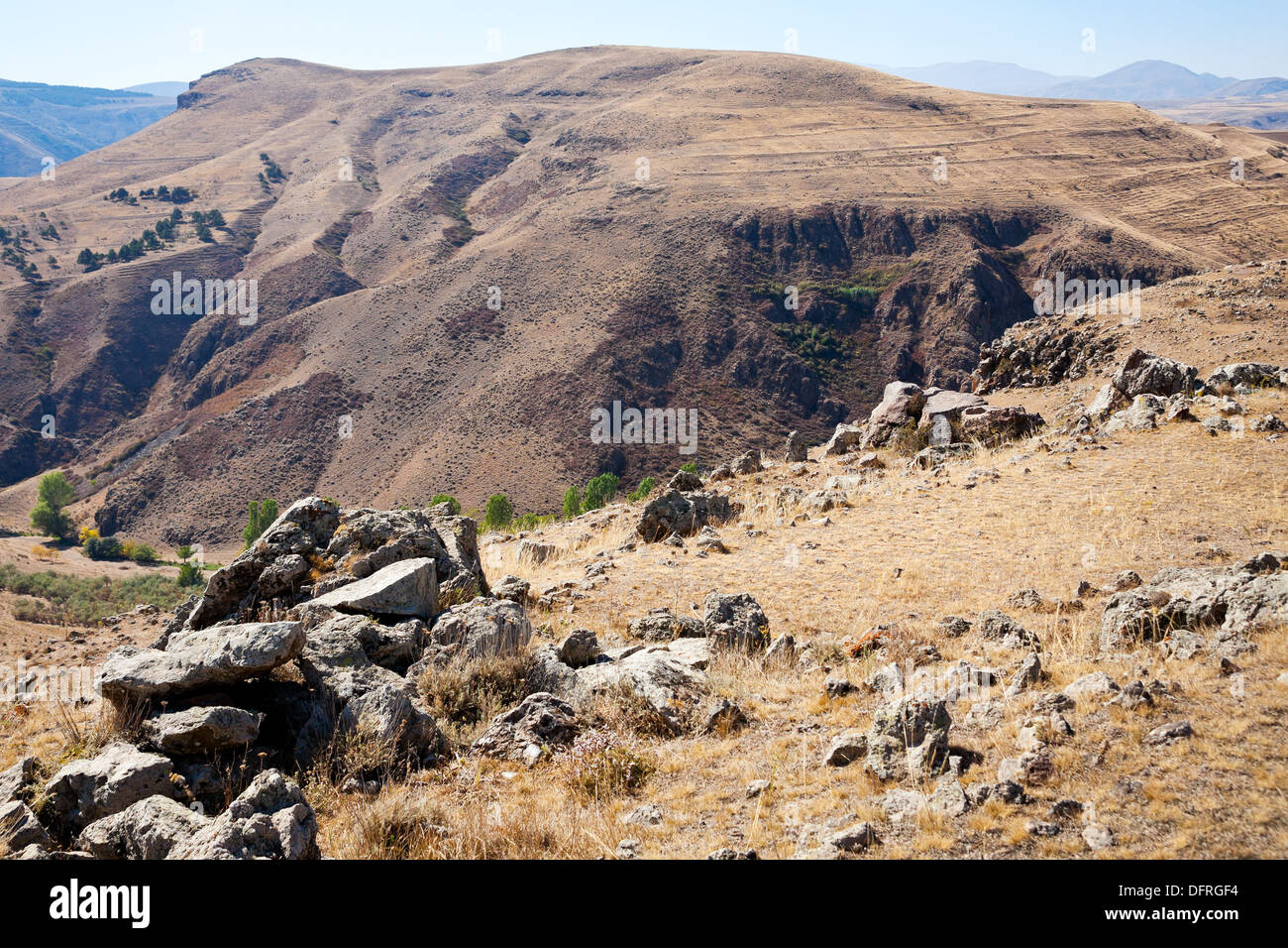 Zorats Karer (Carahunge) - pre-history megalithic monument in Armenian mountains Stock Photo