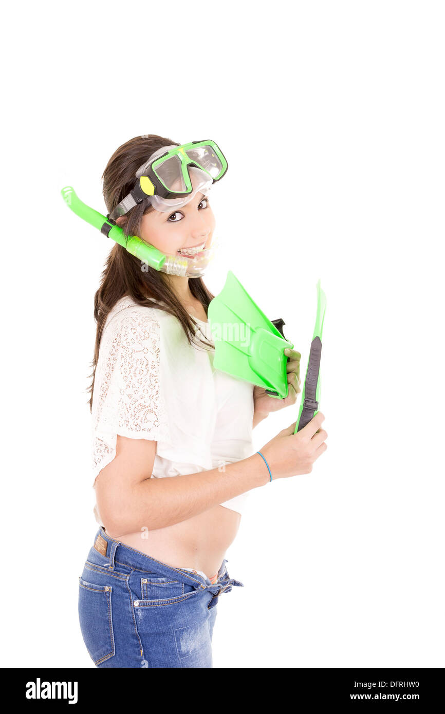 Vacation woman in summerwear wearing snorkel and flippers Stock Photo ...