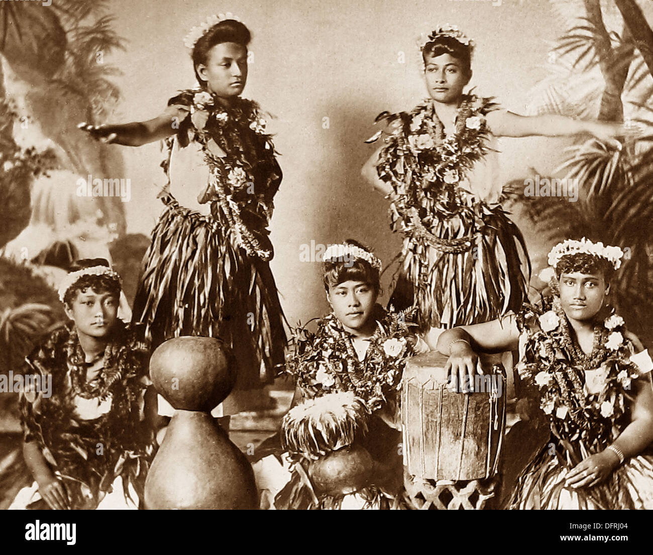 Hula Girls studio portrait Hawaii before 1900 Stock Photo
