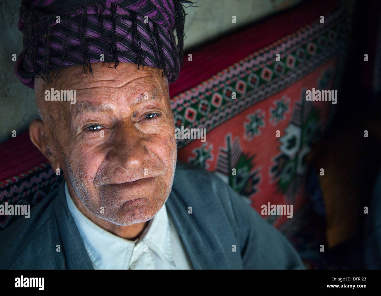 Smiling Kurdish Old Man, Palangan, Iran Stock Photo