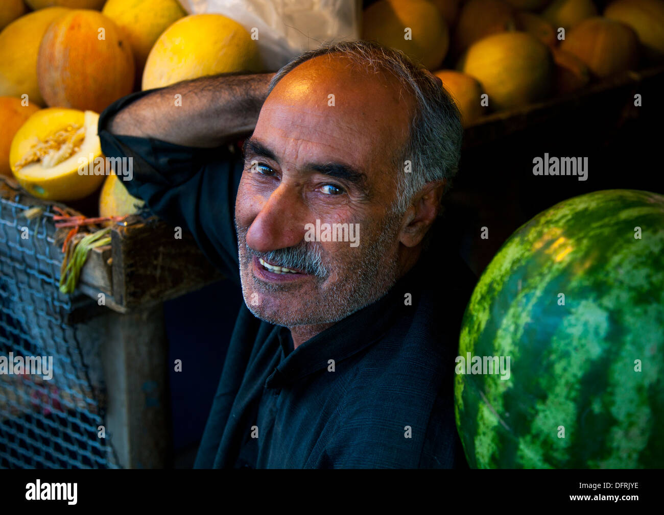 Watermelons Seller In The Bazaar, Kermanshah, Iran Stock Photo