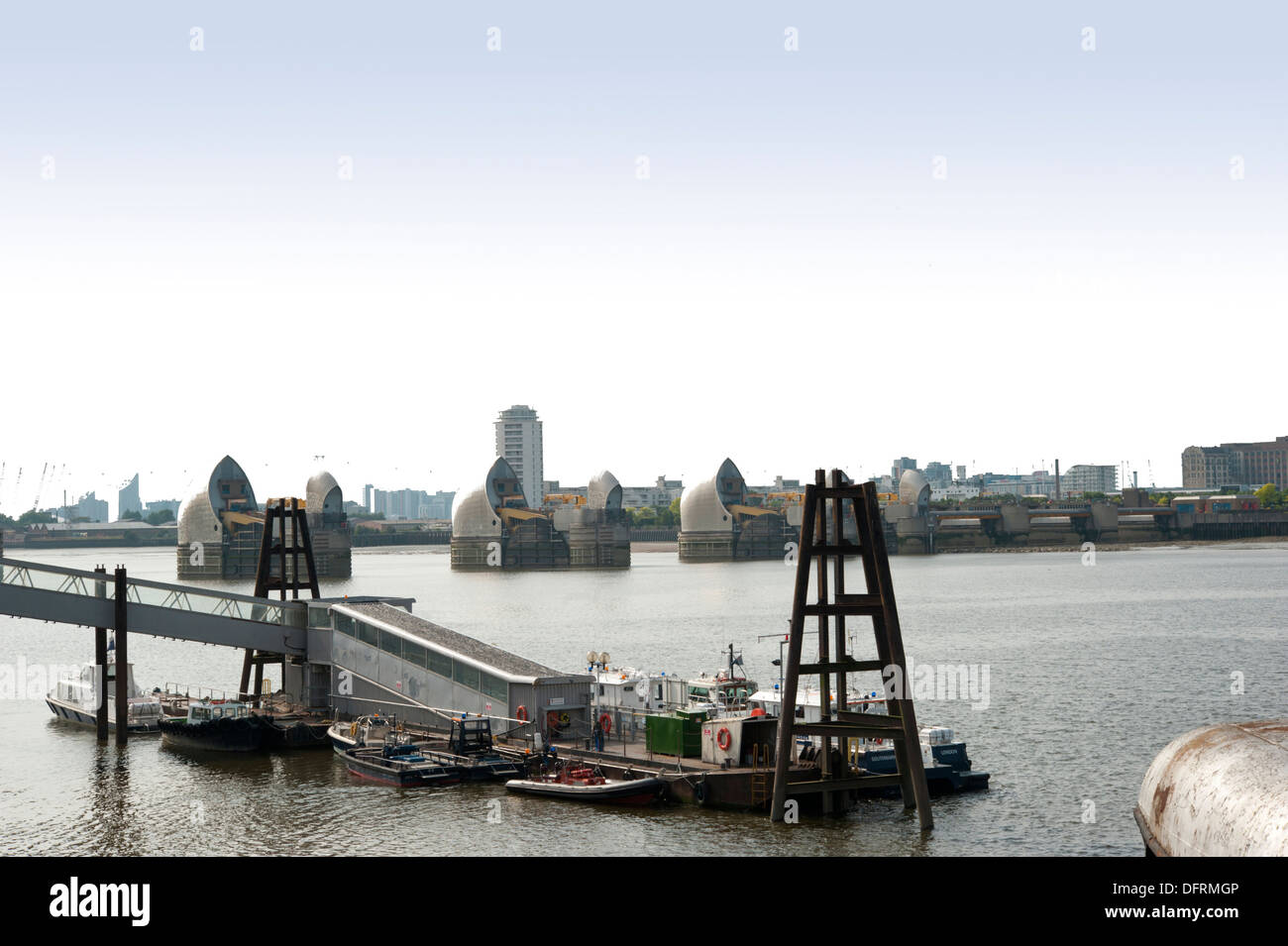 View of the Thames Barrier, movable flood barrier, from Woolwich Reach, Woolwich, London, UK. Stock Photo