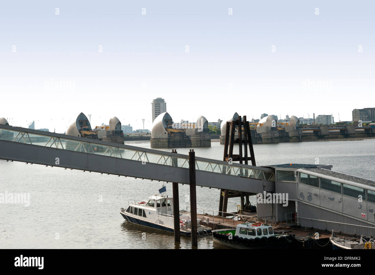 View of the Thames Barrier, movable flood barrier, from Woolwich Reach, Woolwich, London, UK. Stock Photo