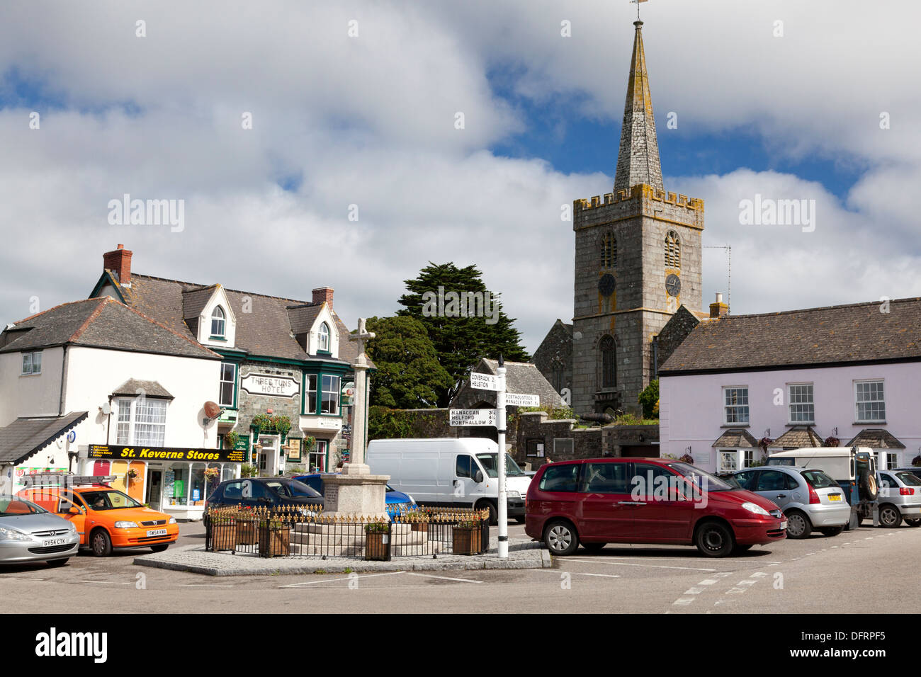 The village centre and Church of St Akeveranus, St Keverne, Cornwall Stock Photo