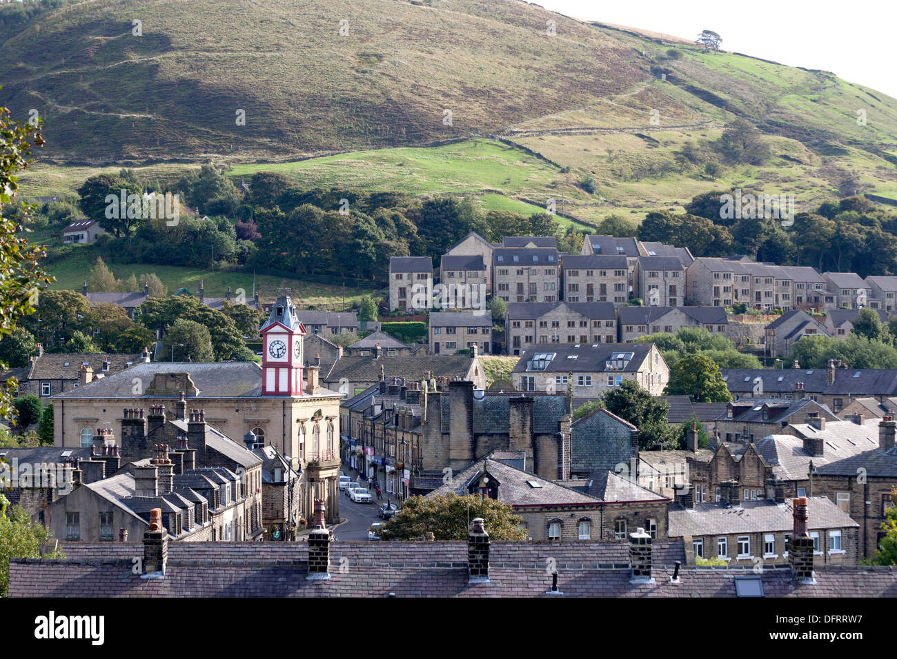 View of the village with the moors in the distance, Marsden, West Yorkshire Stock Photo