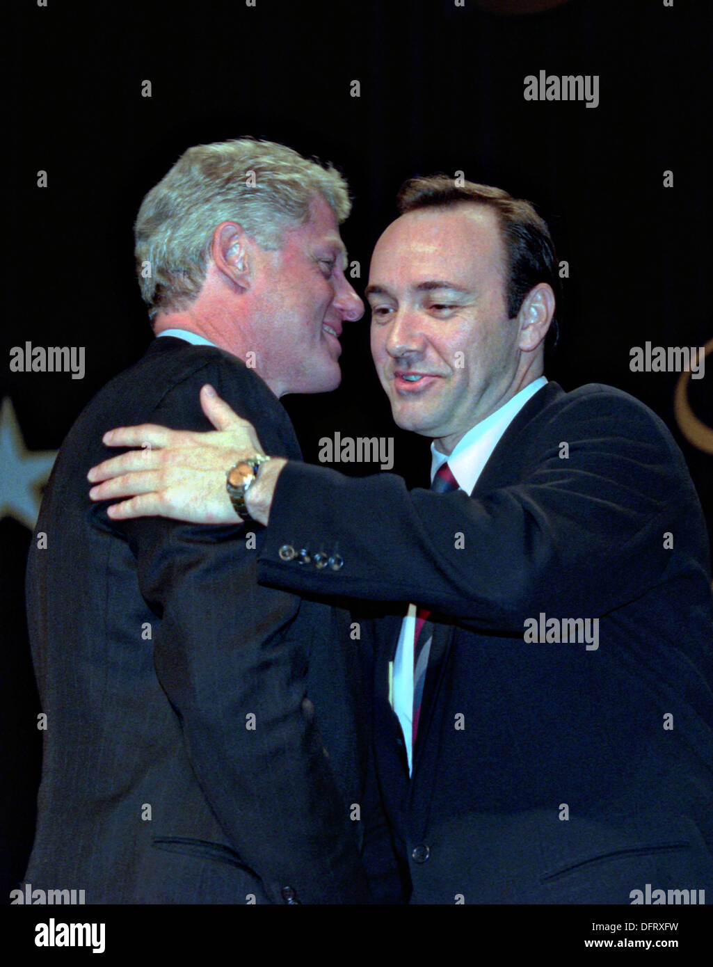 Us President Bill Clinton Is Hugged By Actor Kevin Spacey During The Stock Photo Alamy