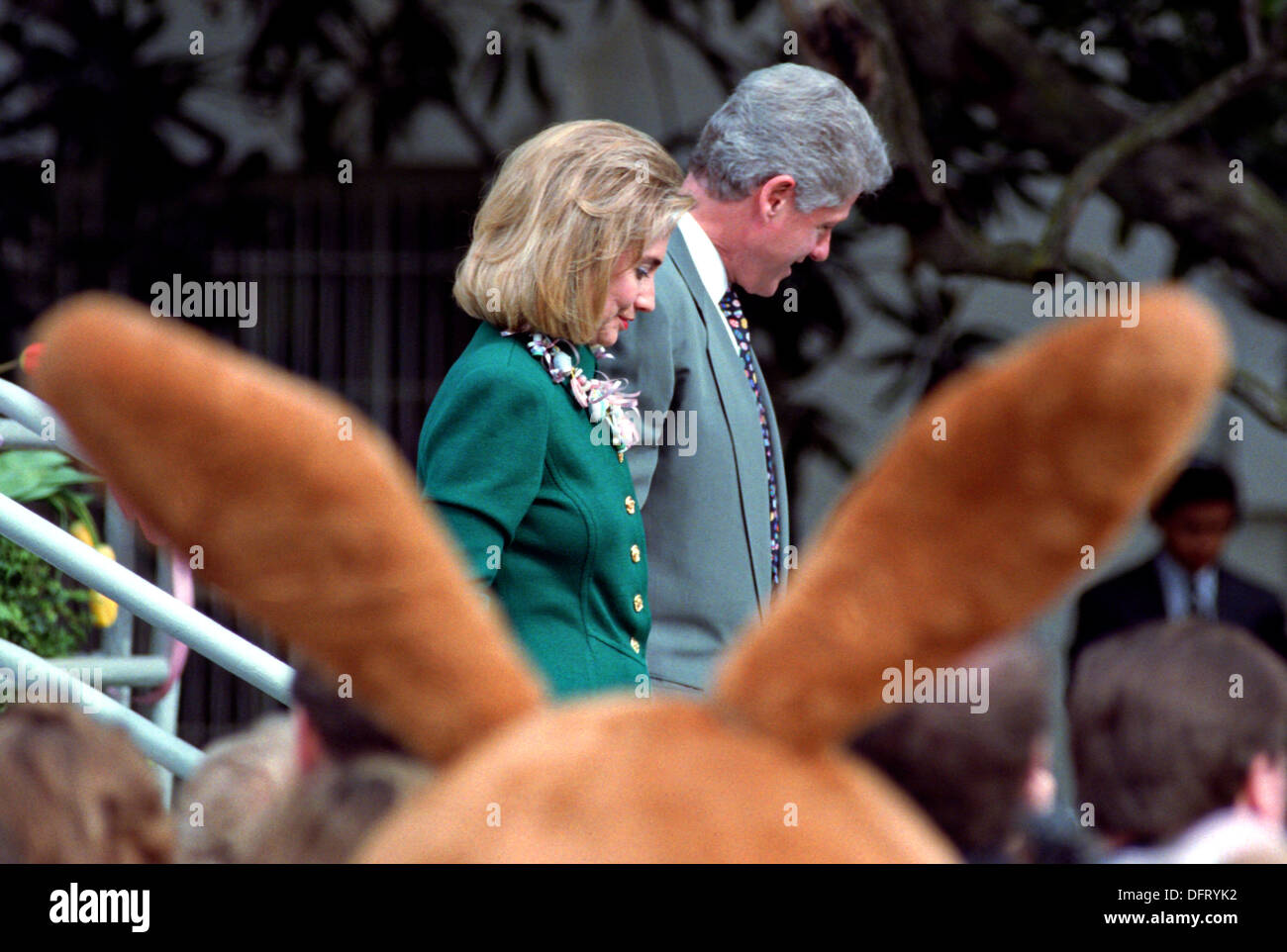 US President Bill Clinton and First Lady Hillary Clinton walk past the
