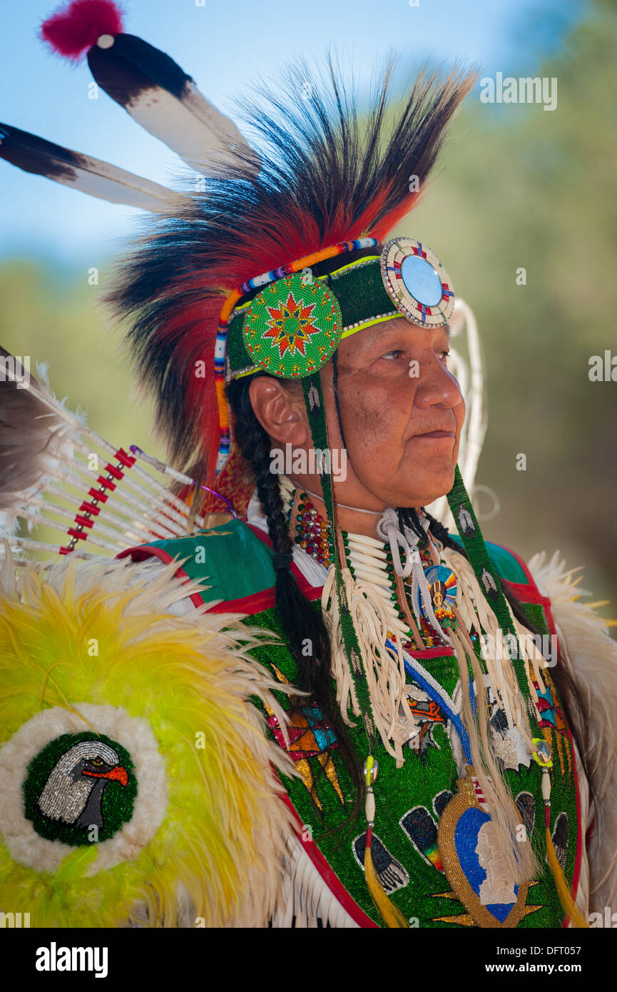 Chumash native American man, grass dancer, at the 2013 Tribal Pow Wow, Live Oak camp, Santa Ynez Valley, California Stock Photo
