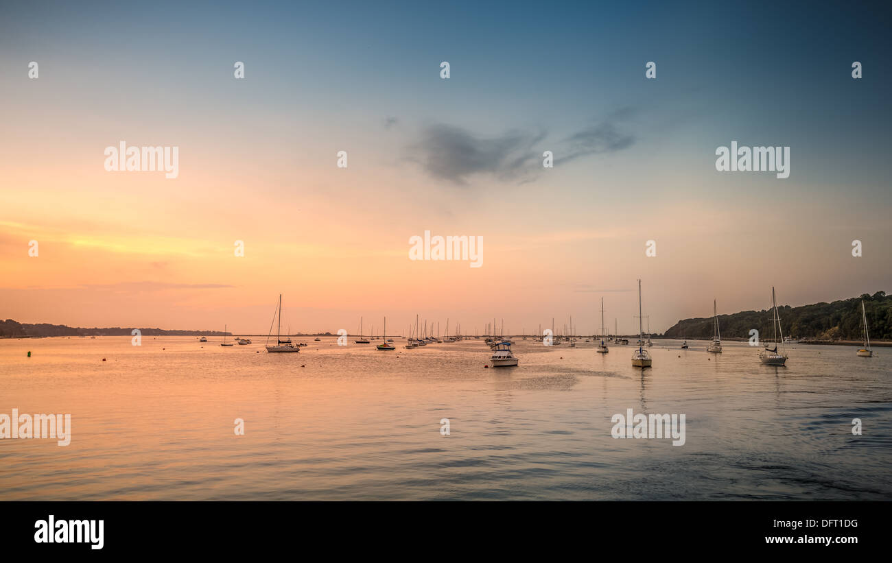 The harbor bay of Port Jefferson, Long Island, New York, after sunset Stock Photo