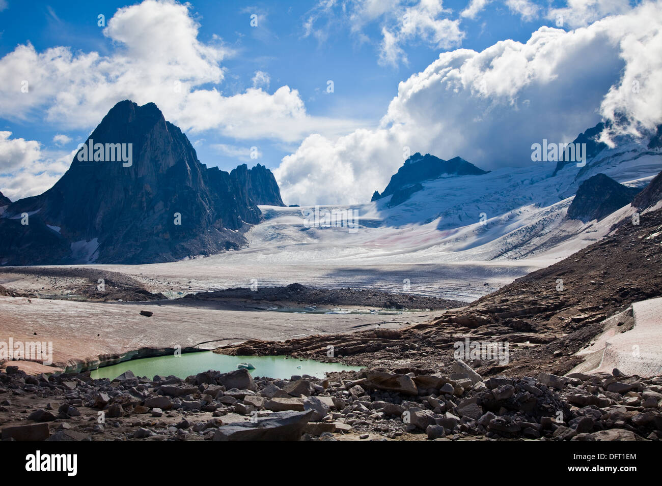 Upper reaches of the Vowell Glacier and the Bugaboo Spire Stock Photo