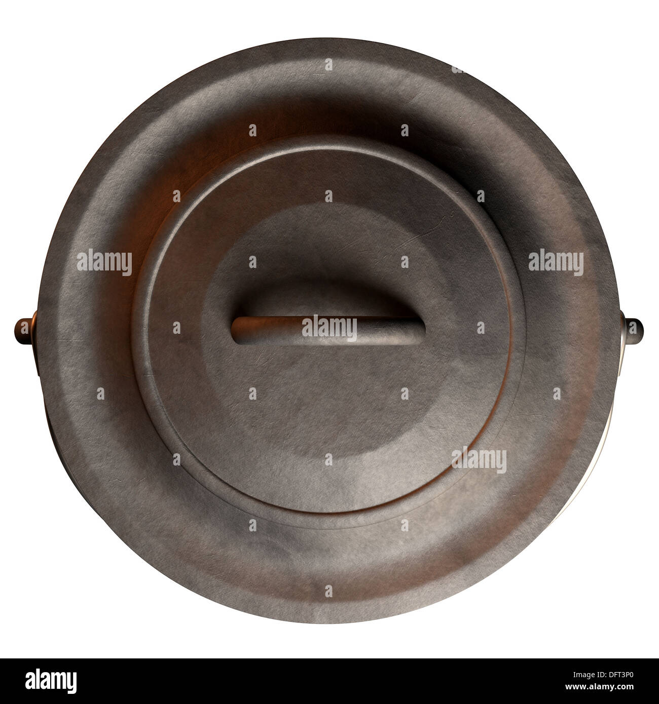A top vew of an open and empty regular cast iron south african potjie pot with a steel handle on an isolated background Stock Photo