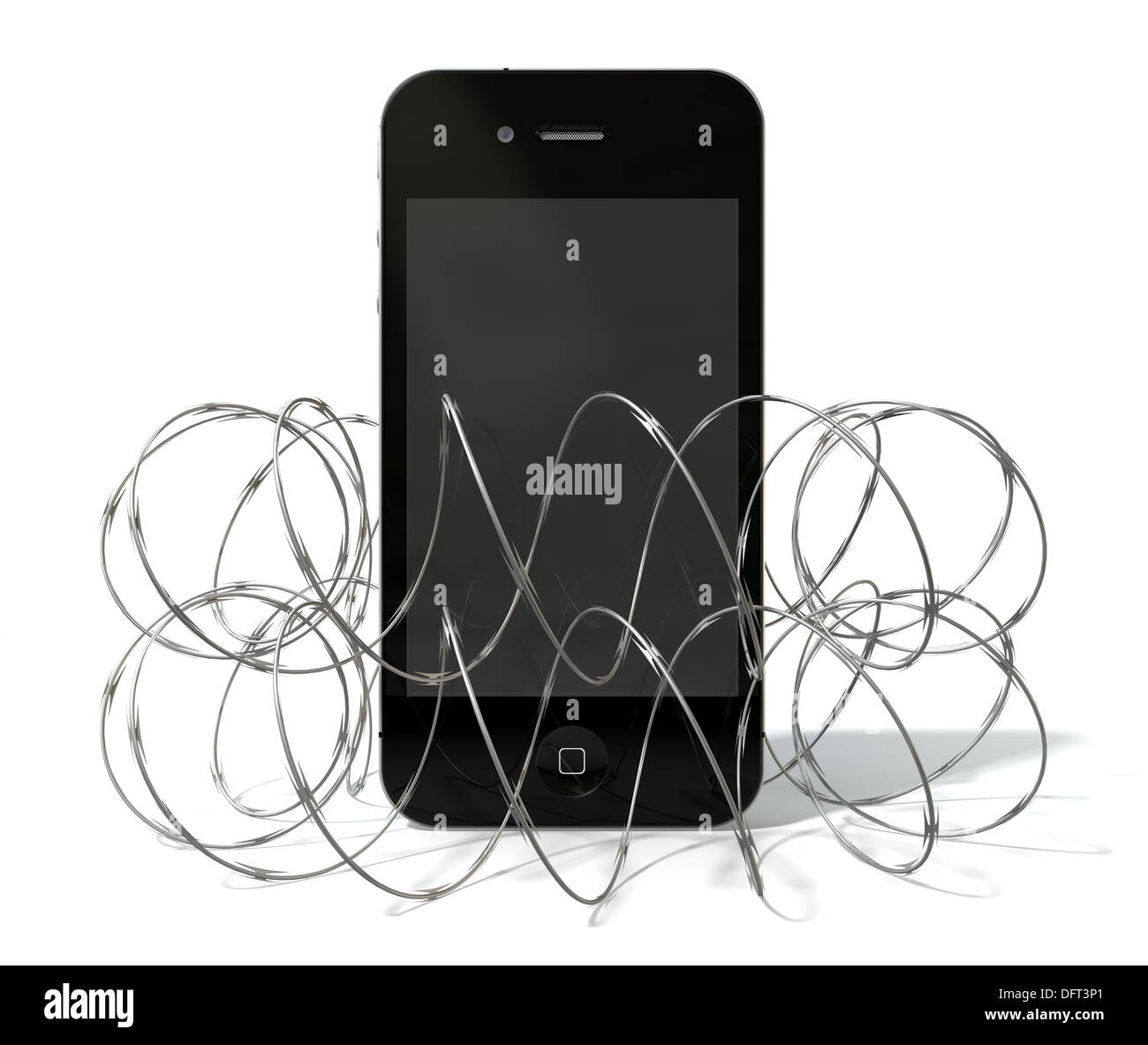 A smartphone wrapped in barbed razor wire denoting internet seurity on ...