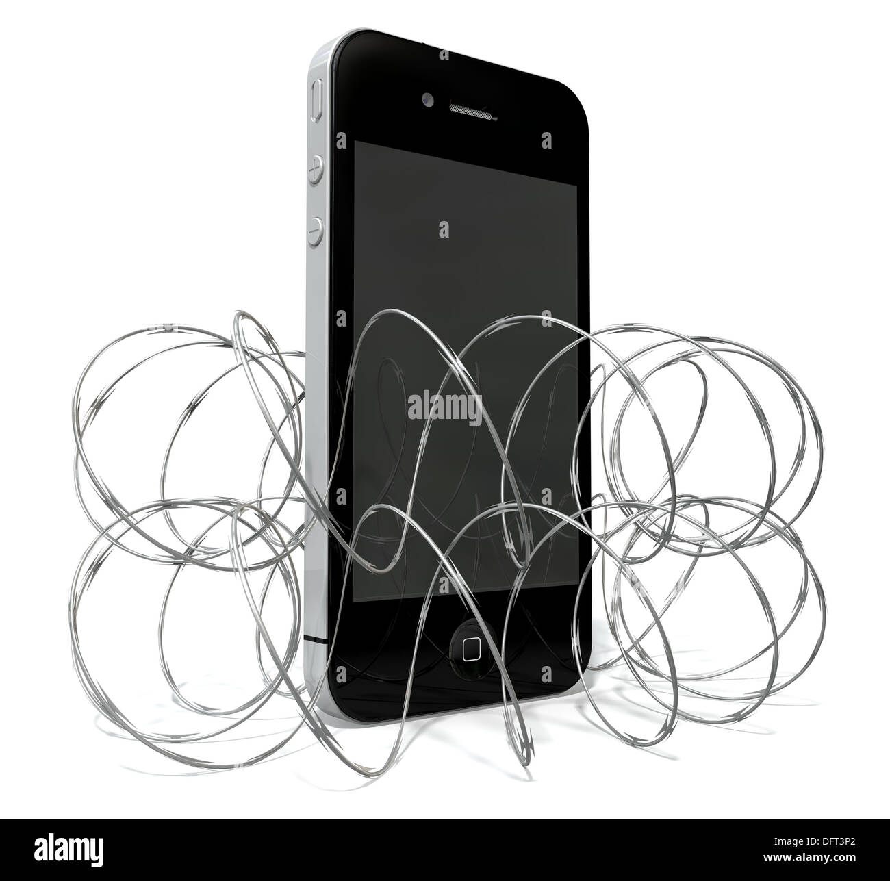 A smart phone wrapped in barbed razor wire denoting internet security ...