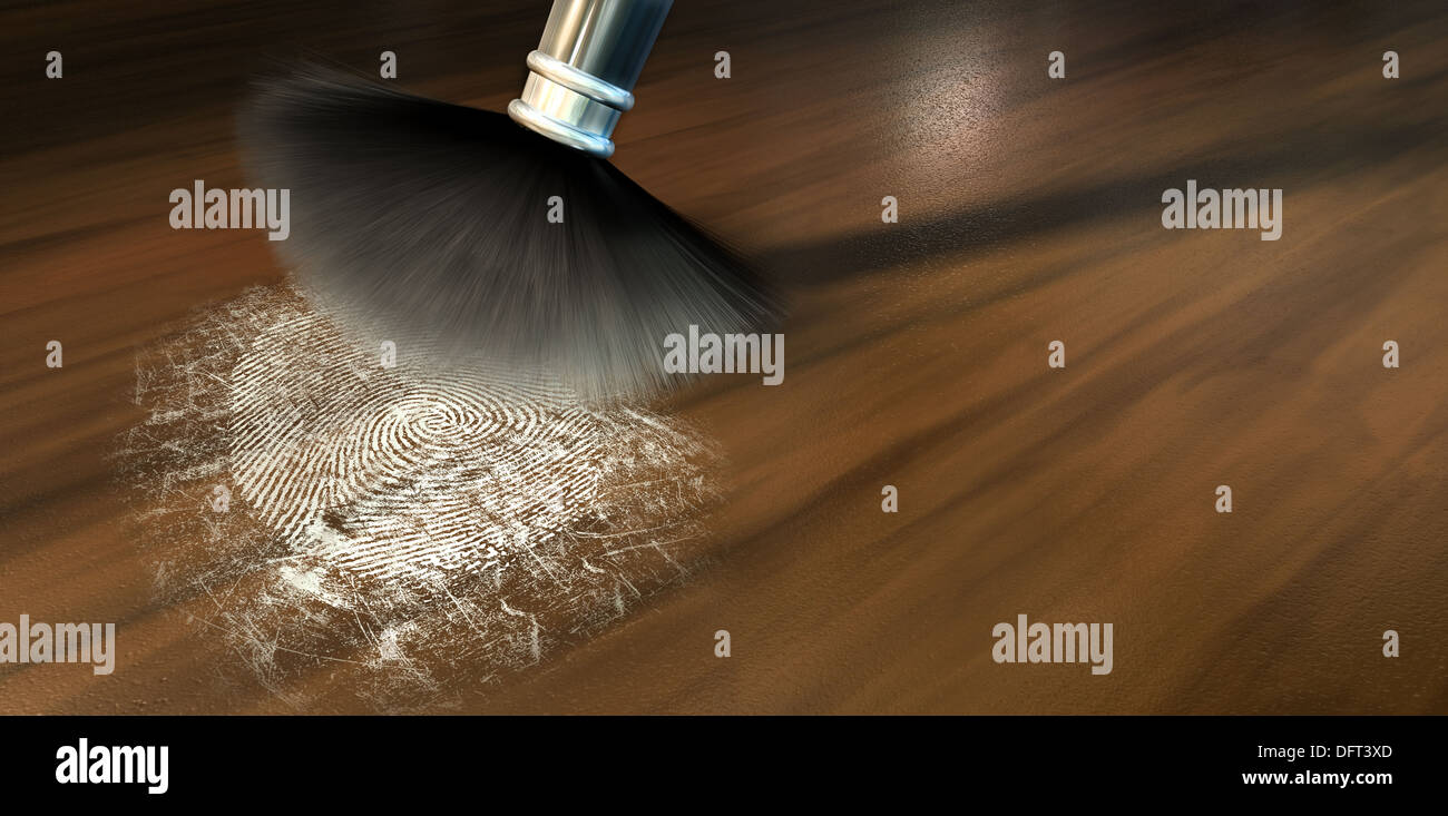A crime scene brush dusting black talcum powder revealing and a fingerprint mark on a wooden