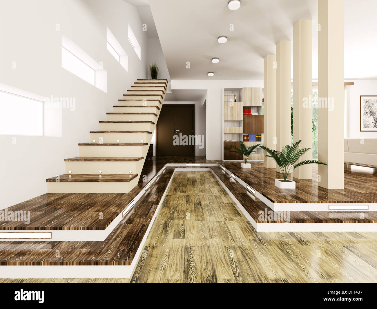 Interior of modern entrance hall with staircase 3d render Stock Photo ...