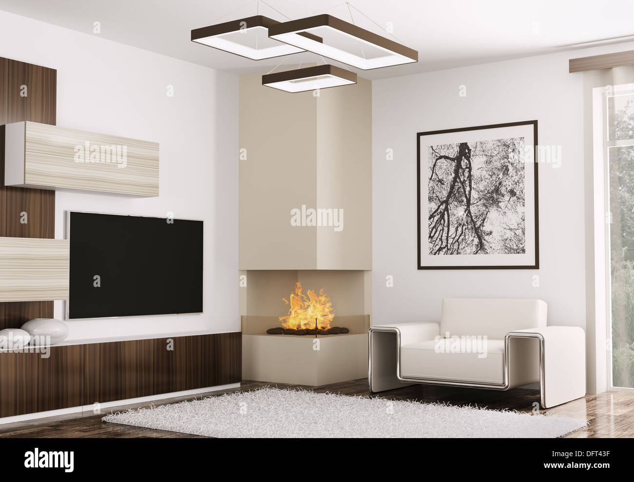 Interior of modern room with sofa and fireplace 3d render Stock Photo ...
