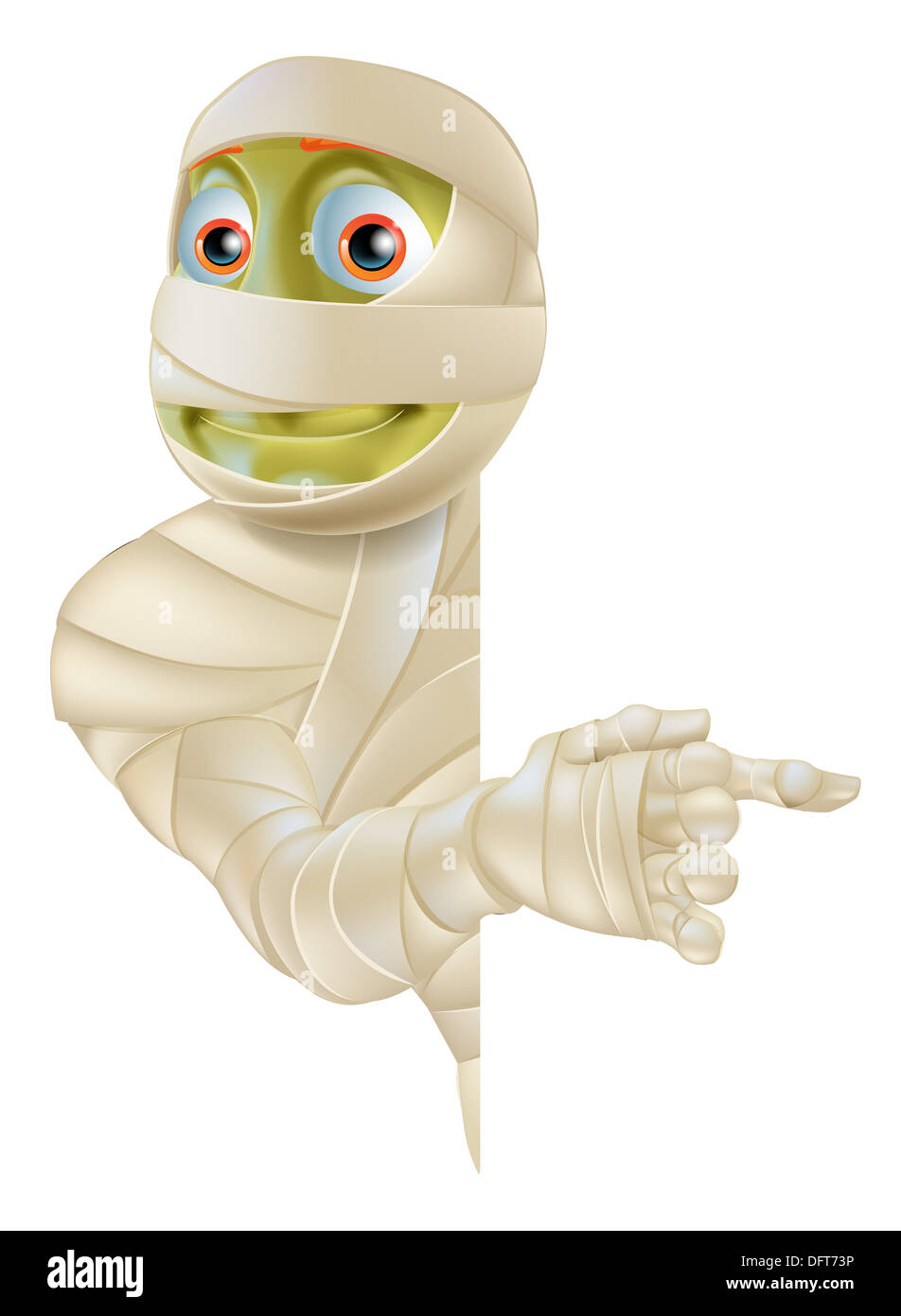 An Egyptian mummy Halloween monster peeping round a banner or sign and pointing at the sign Stock Photo