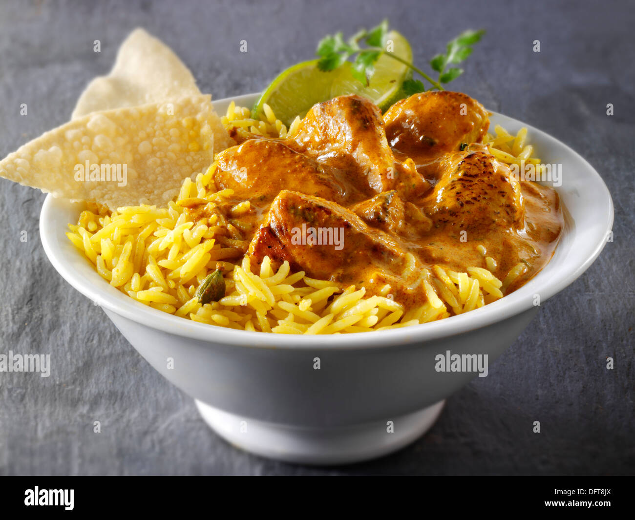 Chicken Bhuna  Chicken Curry and pilau rice Stock Photo