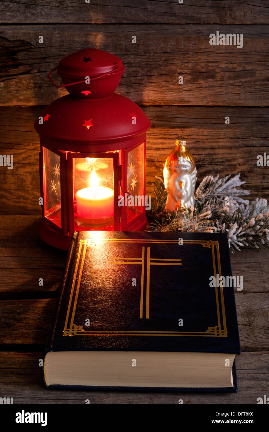 Bible and Christmas time abstract background in night Stock Photo