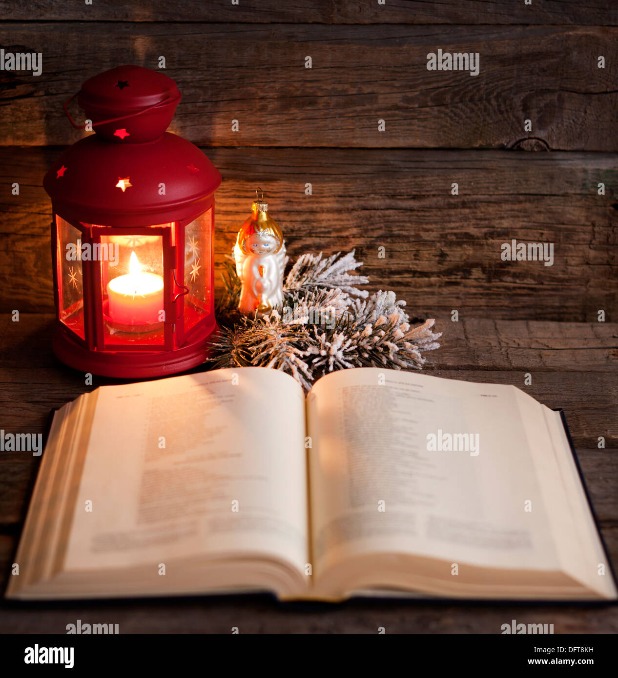 Bible and Christmas time abstract background in night Stock Photo