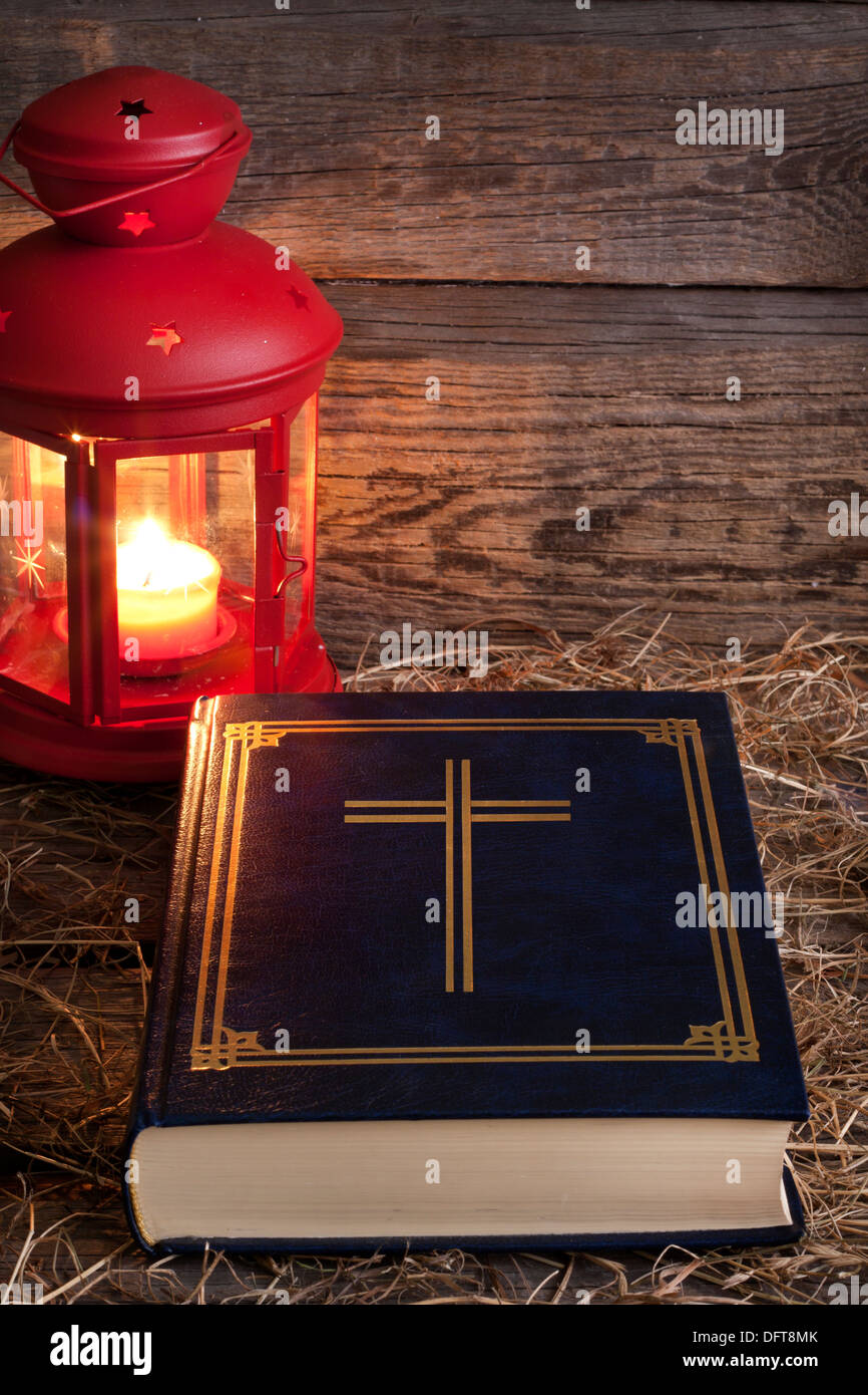 Bible and Christmas time abstract background in night Stock Photo
