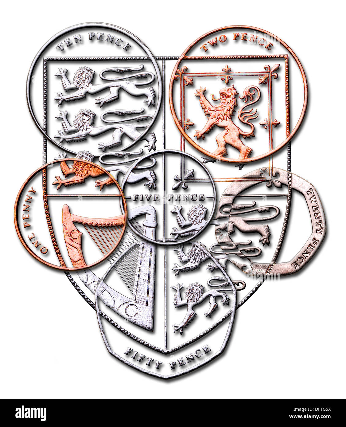 British coinage. All coins, put together to form the shield found on the reverse of the pound coin. Stock Photo