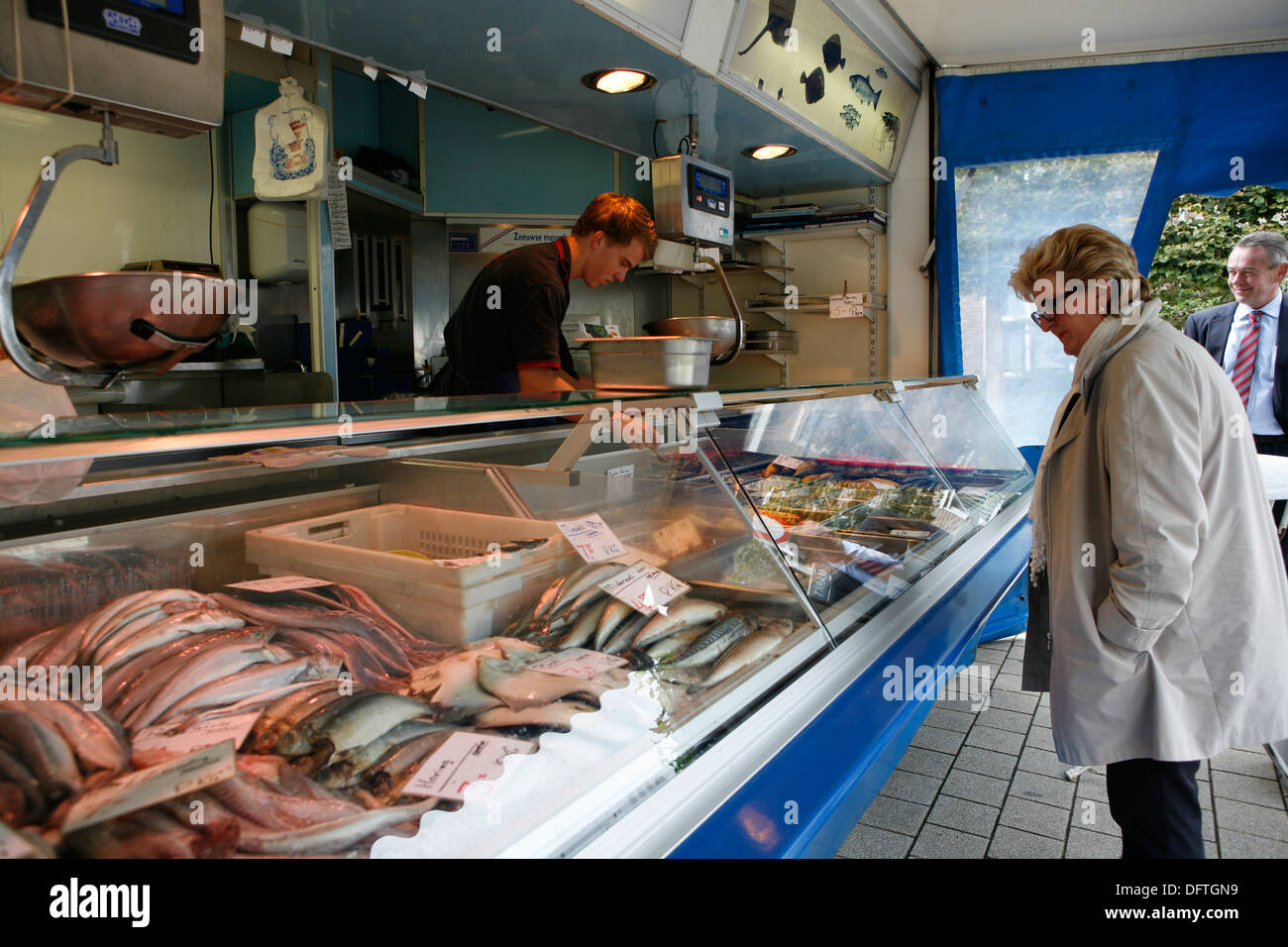 Dutch fish stall, near food Hallen, in Oud-West, Amsterdam. Stock Photo