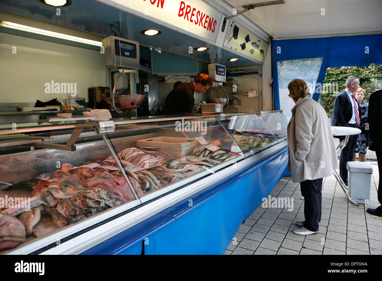 Dutch fish stall, near food Hallen, Oud-West, Amsterdam. Stock Photo