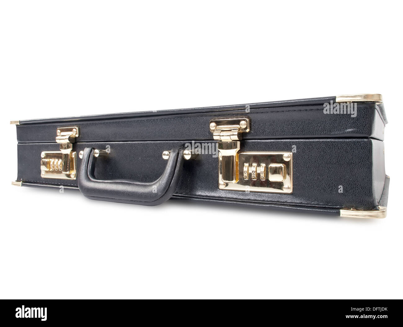 black leather briefcase with golden lock Stock Photo