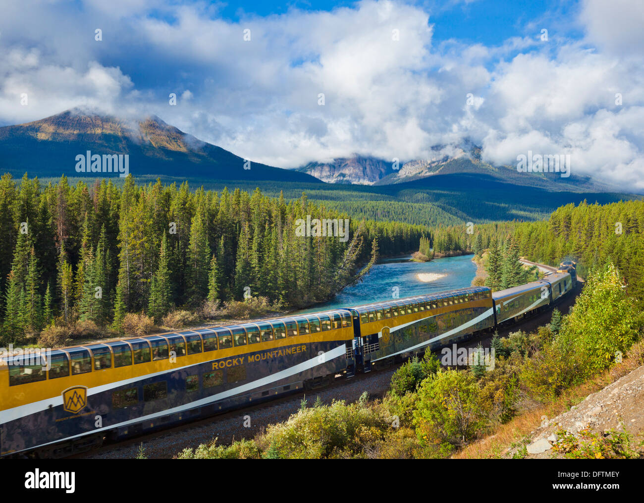 Rocky Mountaineer train at Morant's curve near Lake Louise in the Canadian Rockies Banff national Park Alberta Canada Stock Photo