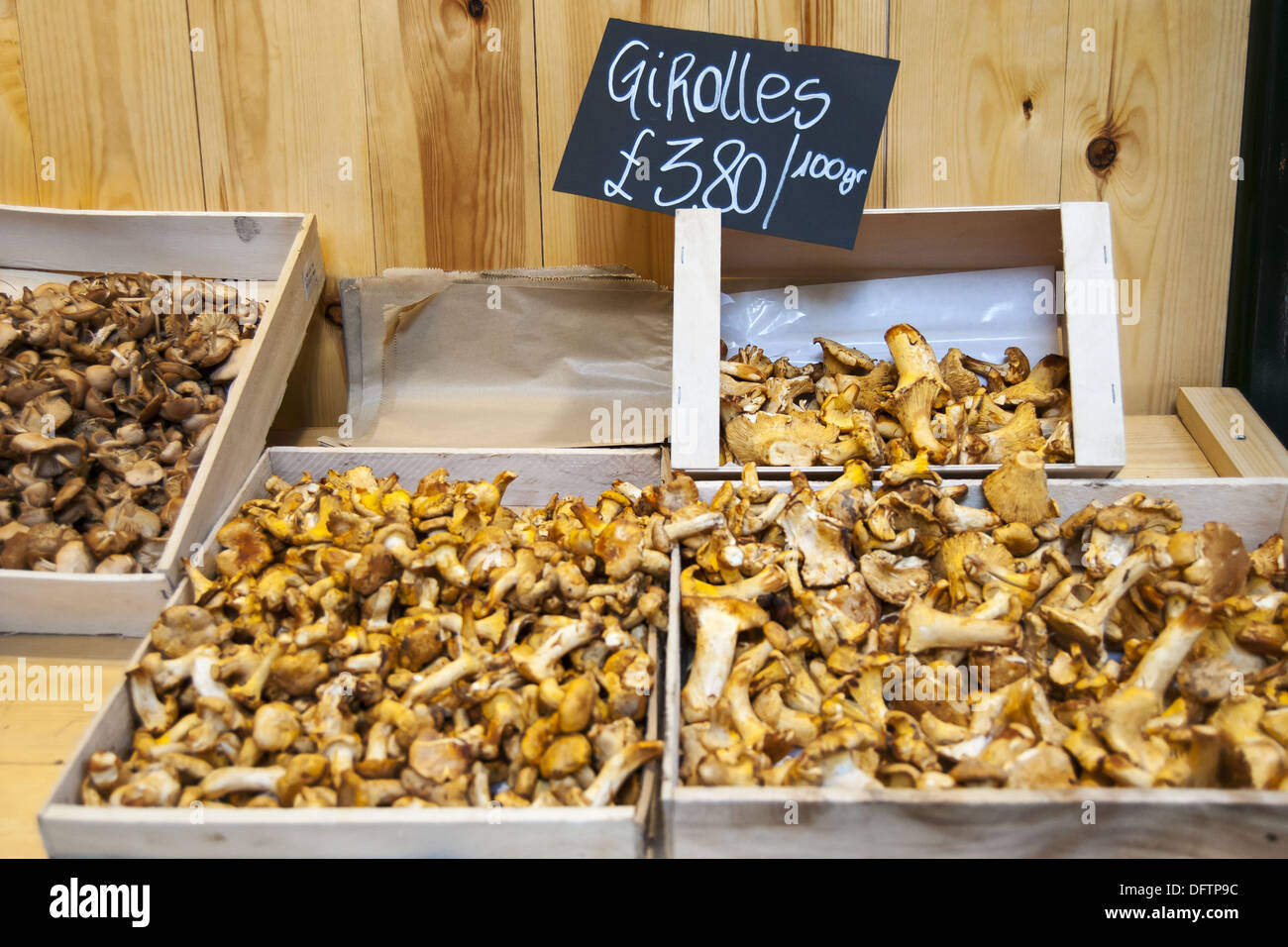 Girolles (Chanterelle Mushrooms) on Display at Borough Food Market