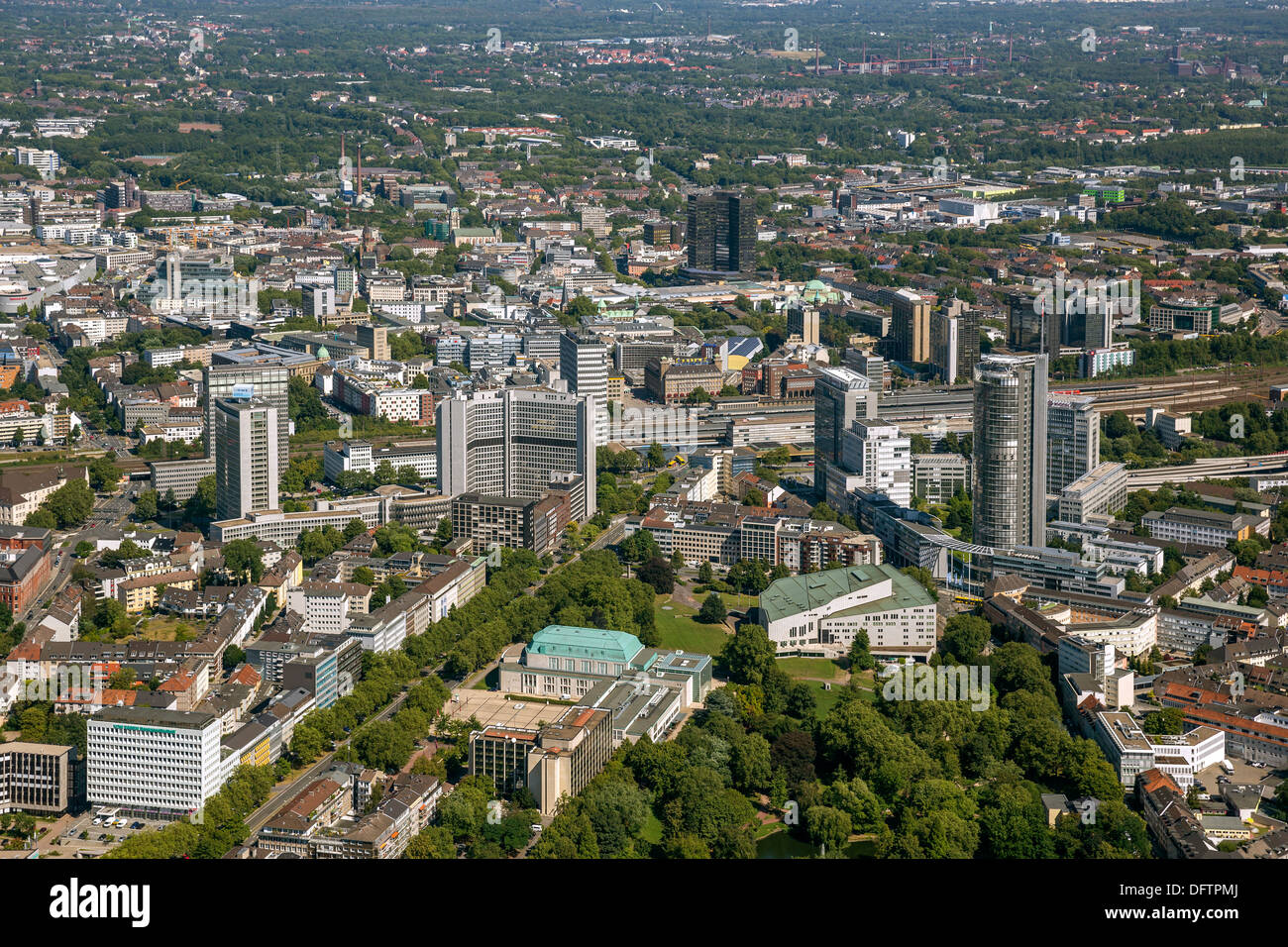 Aerial view, town centre with the Evonik high-rise building and the building of RWE Power, Essen, North Rhine-Westphalia Stock Photo