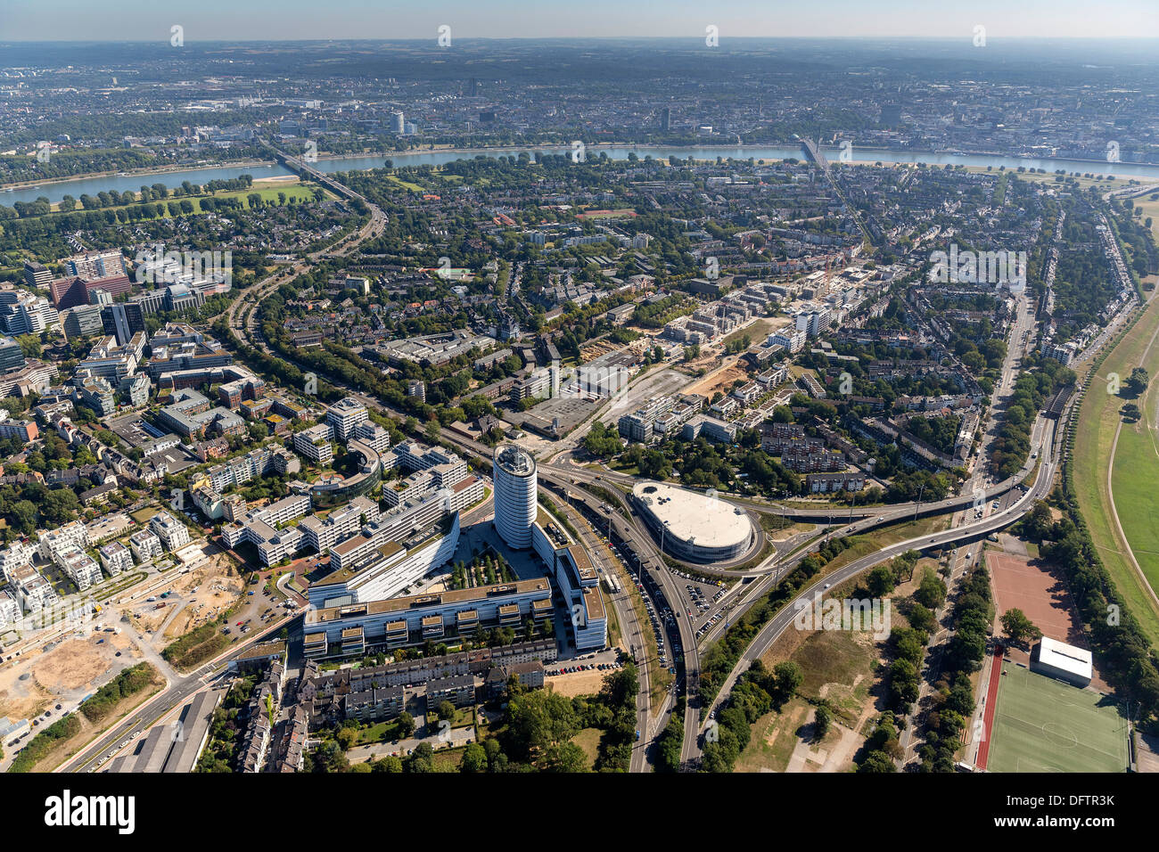 Aerial view, Vodafone GmbH Duesseldorf headquarters, motorway B7, Vodaphone Campus Duesseldorf Heerdt, Stadtbezirke 04 Stock Photo
