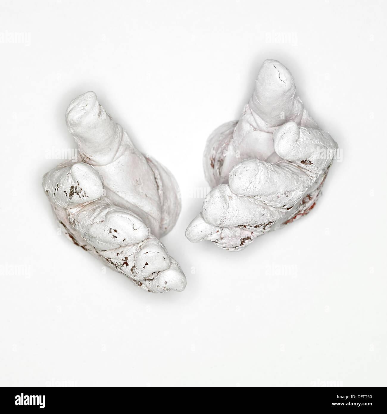 A pair of white paint splattered decorating gloves on a white background Stock Photo