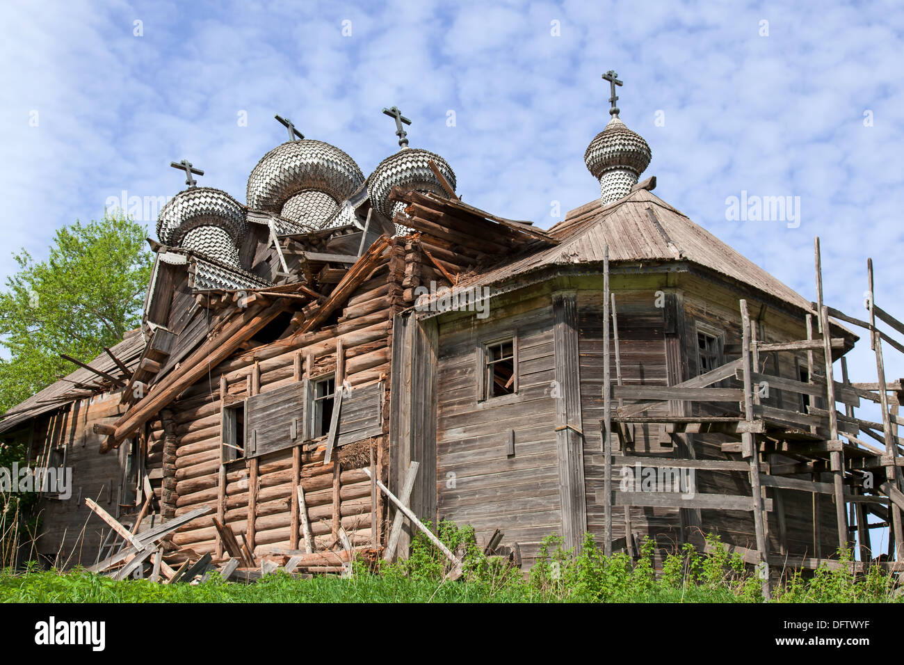 The old destroyed wooden church in Karelia Stock Photo