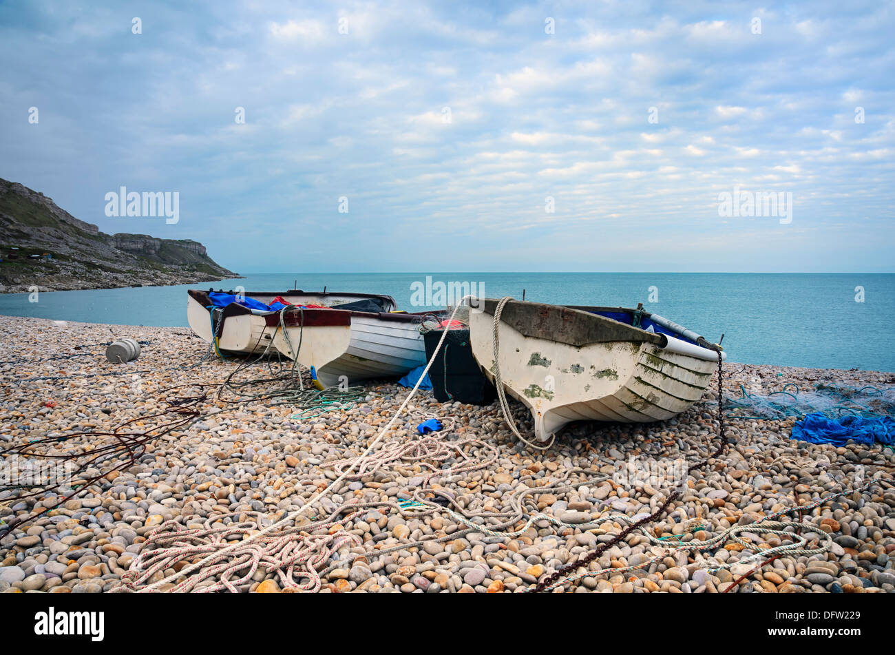 Fishing boats on the beach at Chesil Cove on Portland near Weymouth in